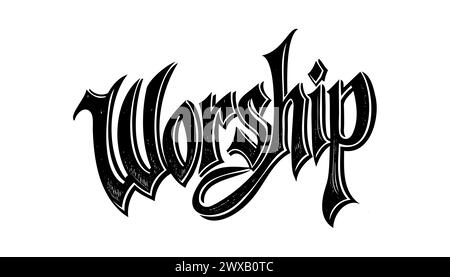 Adorazione - carattere dell'iscrizione calligrafica scritta a mano su sfondo bianco. Illustrazione vettoriale. Illustrazione Vettoriale