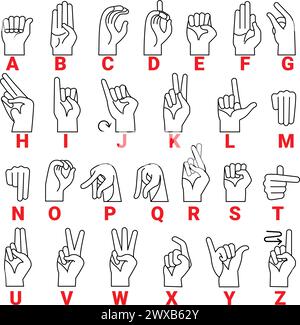 Linguaggio muto sordo. Lettere dell'alfabeto americano con gesti della mano sordomuti, lettere ASL Alphabet American Sign Language Numbers Letter Illustrazione Vettoriale