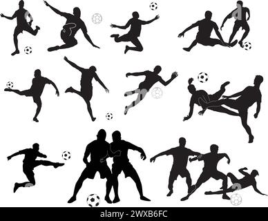 silhouette da giocatore di calcio, formati vettoriali di alta qualità, ideali per macchine da stampa e taglio Illustrazione Vettoriale
