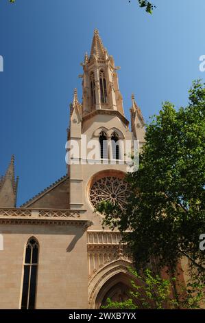 Vista frontale della Cattedrale di Santa Eulalia a Palma de Mallorca in Una meravigliosa giornata di Primavera soleggiata con Un cielo azzurro Foto Stock