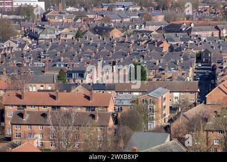 Vista aerea di una fila di case intorno a Eldon Street, città di York, Inghilterra Foto Stock