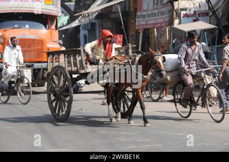 Una carrozza trainata da cavalli percorre una strada trafficata in una città, Jaipur, Rajasthan, India settentrionale, India Foto Stock