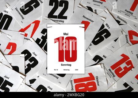 Calendario, pagina calendario, giorni, giorno, 10 maggio, festa della mamma, giorni di calendario, diversi, data, date Foto Stock