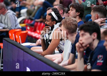 Den Bosch, Paesi Bassi. 29 marzo 2024. DEN BOSCH, PAESI BASSI - MARZO 29: Giocatori dell'Hubo Limburg United durante la partita di BNXT League tra Heroes Den Bosch e HUBO LIMBURG UNITED al Maaspoort il 29 marzo 2024 a Den Bosch, Paesi Bassi. (Foto di Gabriel Calvino Alonso/Orange Pictures) credito: Orange Pics BV/Alamy Live News Foto Stock