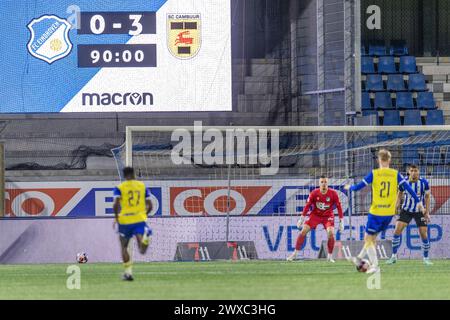 Eindhoven, Paesi Bassi. 29 marzo 2024. EINDHOVEN, 29-03-2024, Jan Louwers Stadium, Keukenkampioendivisie, stagione olandese 2023/2024. FC Eindhoven - SC Cambuur. Tabellone segnapunti durante la partita FC Eindhoven - SC Cambuur credito: Pro Shots/Alamy Live News Foto Stock