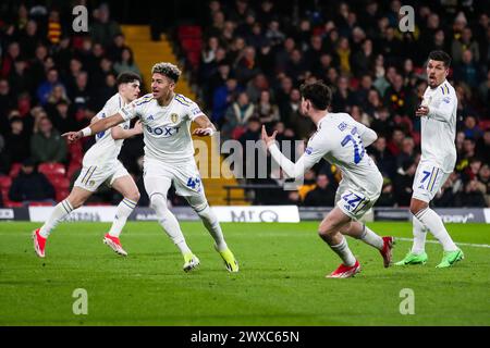 Watford, Regno Unito. 27 marzo 2024. Mateo Joseph del Leeds United celebra il secondo gol della squadra durante la partita tra Watford FC e Leeds United FC per il titolo EFL a Vicarage Road, Watford, Inghilterra, Regno Unito il 29 marzo 2024 Credit: Every Second Media/Alamy Live News Foto Stock