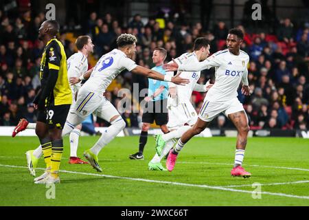 Watford, Regno Unito. 27 marzo 2024. Mateo Joseph del Leeds United celebra il secondo gol della squadra insieme a Junior Firpo del Leeds United durante la partita del Watford FC vs Leeds United FC Sky BET EFL Championship a Vicarage Road, Watford, Inghilterra, Regno Unito il 29 marzo 2024 Credit: Every Second Media/Alamy Live News Foto Stock