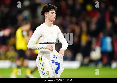 Archie Gray del Leeds United dopo il match per lo Sky Bet Championship a Vicarage Road, Watford. Data foto: Venerdì 29 marzo 2024. Foto Stock