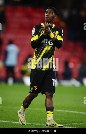 WATFORD, Regno Unito - 29 marzo 2024: Yaser Asprilla di Watford riconosce i tifosi dopo il match del campionato EFL tra Watford FC e Leeds United a Vicarage Road (credito: Craig Mercer/ Alamy Live News) Foto Stock