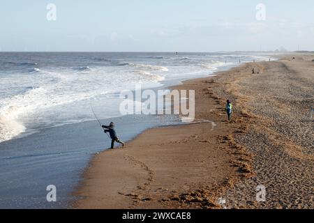 La vista lungo la costa del Lincolnshire dall'Osservatorio del Mare del Nord a Chapel Saint Leonards guardando verso Skegness. Foto Stock