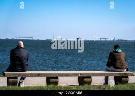 Baltimora, Stati Uniti. 29 marzo 2024. La gente si riunisce per vedere il ponte Francis Scott Key crollato mentre visitava Fort McHenry a Baltimora, Maryland, venerdì 29 marzo 2024. La nave cargo Dali, che ha perso energia poco prima della collisione, si è schiantata sul ponte martedì mattina presto. Foto di Bonnie Cash/UPI credito: UPI/Alamy Live News Foto Stock