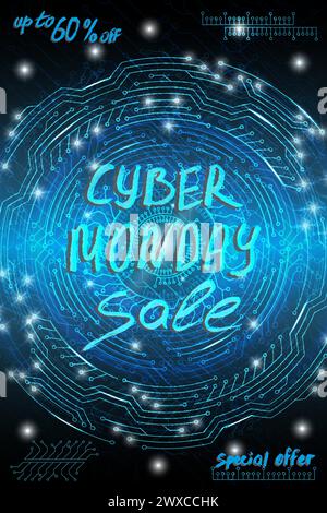 Blue futuristico background tecnologico in stile cyberpunk. Cyber monday. L'iscrizione è dipinta a mano con un pennello. Lettere per la progettazione di Illustrazione Vettoriale