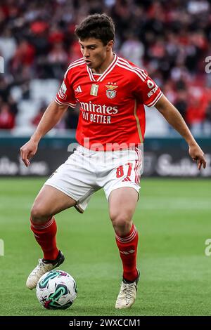 Lisbona, Portogallo. 29 marzo 2024. Lisbona, Portogallo, 29 marzo 2024: João Neves (87 SL Benfica) in azione durante la Liga Portugal Betclic game tra - SL Benfica V GD Chaves - Estádio da Luz, Lisbona, Portogallo (João Bravo/SPP) crediti: SPP Sport Press Photo. /Alamy Live News Foto Stock