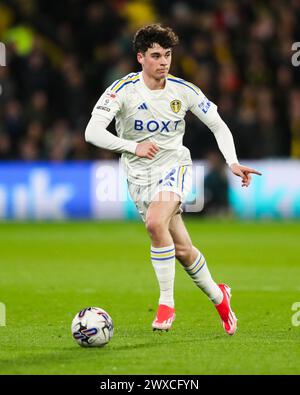 Watford, Regno Unito. 29 marzo 2024. Archie Gray del Leeds United in azione durante la partita del Watford FC vs Leeds United FC Sky bet EFL Championship a Vicarage Road, Watford, Inghilterra, Regno Unito il 29 marzo 2024 Credit: Every Second Media/Alamy Live News Foto Stock