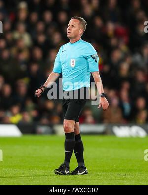 Watford, Regno Unito. 29 marzo 2024. Arbitro David Webb durante la partita per il titolo EFL tra Watford FC e Leeds United FC il 29 marzo 2024 Credit: Every Second Media/Alamy Live News Foto Stock