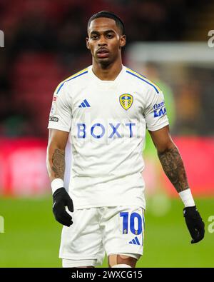 Watford, Regno Unito. 29 marzo 2024. Il Crysencio Summerville di Leeds United in azione durante il match per il titolo EFL di Watford FC contro Leeds United FC il 29 marzo 2024 Credit: Every Second Media/Alamy Live News Foto Stock