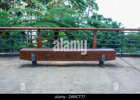 Una panca in legno con opere d'arte realizzate in legno massello, vicino al molo Forest Sky, al porto Coffs, New South Wales, Australia Foto Stock