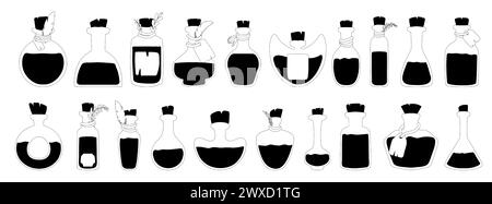 Icone nere di pozione, elisir, liquido di stregoneria. Barattoli per stregoneria. Illustrazione vettoriale su sfondo bianco. Illustrazione Vettoriale
