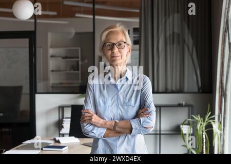 Una donna d'affari bionda seria e sicura di sé che guarda la macchina fotografica Foto Stock