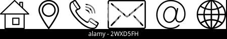Icona di build, pin della mappa, telefono, busta, indirizzo e pagina Web come set di simboli di pianificazione delle riunioni aziendali Illustrazione Vettoriale