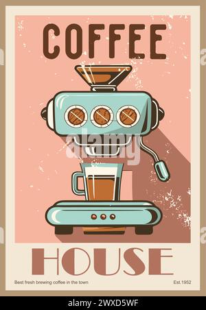 Coffee House poster retro con macchina per il caffè. Illustrazione Vettoriale