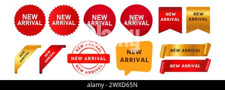 nuovo timbro di arrivo bolla vocale e adesivo per l'etichetta del nastro per la vendita di prodotti promozionali Illustrazione Vettoriale