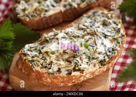 Fetta di pane a lievitazione naturale con burro di ortica, con fiori freschi di mosto di pranzo raccolti in primavera Foto Stock