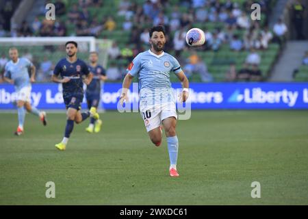 MELBOURNE, AUSTRALIA 30 marzo 2024. Centrocampista del Melbourne City, il tedesco Tolgay Arslan(10) in azione durante l'A League Men Round 22 Melbourne City contro Newcastle United Jets all'AAMI Park di Melbourne, Australia. Crediti: Karl Phillipson/Alamy Live News Foto Stock