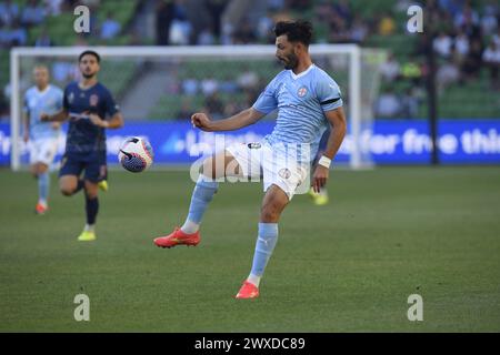 MELBOURNE, AUSTRALIA 30 marzo 2024. Centrocampista del Melbourne City, il tedesco Tolgay Arslan(10) in azione durante l'A League Men Round 22 Melbourne City contro Newcastle United Jets all'AAMI Park di Melbourne, Australia. Crediti: Karl Phillipson/Alamy Live News Foto Stock