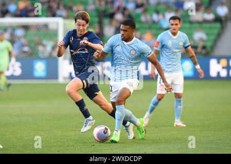 MELBOURNE, AUSTRALIA 30 marzo 2024. L'attaccante brasiliano Léo Natel (11) del Melbourne City in azione durante la partita 22 maschile Melbourne City contro Newcastle United Jets all'AAMI Park di Melbourne, Australia. Crediti: Karl Phillipson/Alamy Live News Foto Stock