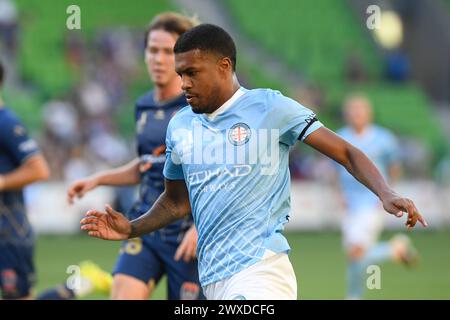 MELBOURNE, AUSTRALIA 30 marzo 2024. L'attaccante brasiliano Léo Natel (11) della A League Men Round 22 Melbourne City contro Newcastle United Jets all'AAMI Park di Melbourne, Australia. Crediti: Karl Phillipson/Alamy Live News Foto Stock