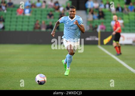 MELBOURNE, AUSTRALIA 30 marzo 2024. L'attaccante brasiliano Léo Natel (11) della A League Men Round 22 Melbourne City contro Newcastle United Jets all'AAMI Park di Melbourne, Australia. Crediti: Karl Phillipson/Alamy Live News Foto Stock