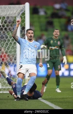 MELBOURNE, AUSTRALIA 30 marzo 2024. L'attaccante del Melbourne City Jamie Maclaren (9) durante l'A League Men Round 22 Melbourne City contro Newcastle United Jets all'AAMI Park di Melbourne, Australia. Crediti: Karl Phillipson/Alamy Live News Foto Stock