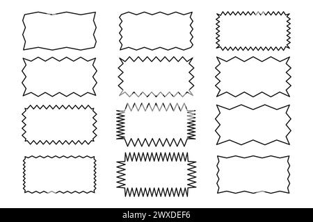 Contorno di un rettangolo frastagliato. Una serie di bordi rettangolari con un bordo zigzag irregolare. Colore nero. Elementi di progettazione per casella di testo, pulsante, icona, tag, b Illustrazione Vettoriale