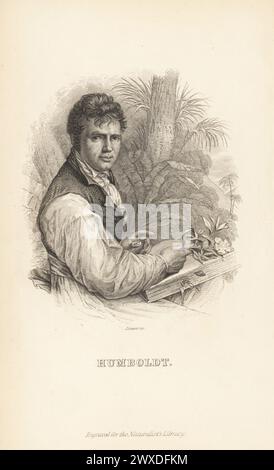 Alexander von Humboldt, esploratore tedesco, naturalista e botanico, 1769-1859. In gilet e camicia con un campione di pianta e libro in una giungla. Dopo il ritratto di Friedrich George Weitsch. Incisione in acciaio di Lizars da The Naturalist's Library di Sir William Jardine, W.H. Lizars, Edimburgo, 1843. Foto Stock