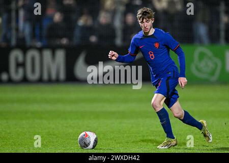 Tygo Land (8) dei Paesi Bassi nella foto durante una partita di calcio tra le nazionali Under 19 del Belgio e dei Paesi Bassi il giorno 3 del turno UEFA Under-19 Elite di giovedì 26 marzo 2024 a Veendam , Paesi Bassi . FOTO SPORTPIX | David Catry Foto Stock