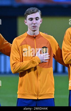 Veendam, Paesi Bassi. 26 marzo 2024. Tygo Land (8) dei Paesi Bassi nella foto durante una partita di calcio tra le nazionali Under 19 del Belgio e dei Paesi Bassi il giorno 3 nel gruppo 2 del round UEFA Under-19 Elite di giovedì 26 marzo 2024 a Veendam, Paesi Bassi . Crediti: Sportpix/Alamy Live News Foto Stock