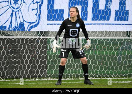 Oostakker, Belgio. 30 marzo 2024. Portiere Riet Maes (1) di AA Gent nella foto durante una partita di calcio femminile tra KAA Gent e OH Leuven nella seconda partita di PO1 nella stagione 2023-2024 della belga lotto Womens Super League, sabato 24 marzo 2024 a Oostakker, BELGIO. Crediti: Sportpix/Alamy Live News Foto Stock