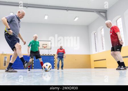 Fußball in Deutschland Göttingen, Deutschland - 26. März 2024: Senioren spielen Fußball mit einem offiziellen Spielball für die Euro 2024 in Deutschland mit dem Aufdruck adidas EURO24 Fußballliebe Pro. Niedersachsen Foto Stock