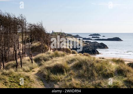 Ynys Llanddwyn dalle dune di sabbia della spiaggia di Traeth Penrhos vicino a Newborough, Anglesey, Galles del Nord. Foto Stock