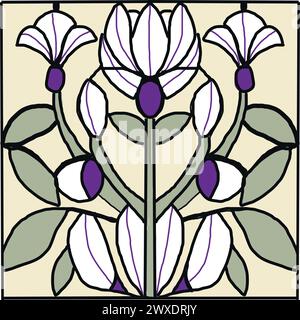 Motivo in vetro colorato floreale bianco e viola, motivo edoardiano Illustrazione Vettoriale
