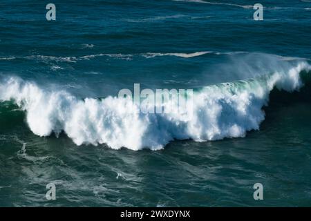 una gigantesca onda blu dell'oceano si rompe sulla superficie dell'acqua con spruzzi e schiuma Foto Stock