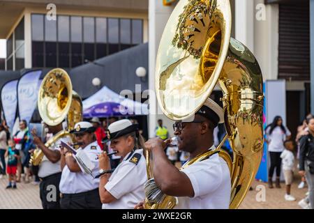 Johannesburg, Sudafrica. 30 marzo 2024. I membri della South African Navy Band si esibiscono durante il Rand Show 2024 a Johannesburg, Sudafrica, 30 marzo 2024. Il Rand Show 2024, l'annuale spettacolo di intrattenimento e shopping in Sud Africa, si tiene dal 28 marzo al 1° aprile presso il Johannesburg Expo Center. Crediti: Zhang Yudong/Xinhua/Alamy Live News Foto Stock