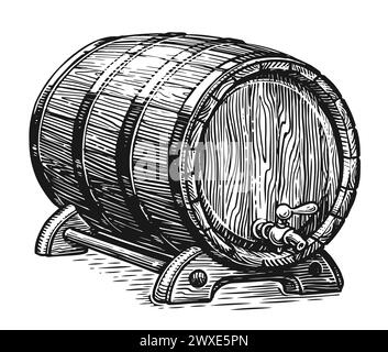 Botte di legno con rubinetto per vino, birra o whisky. Disegnare a mano lo stile vintage dell'incisione Illustrazione Vettoriale