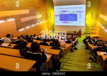 Parigi, Francia, folla, Vista dello scivolo nella presentazione scientifica, riunione, Post-CROI, Auditorium, Università di Medicina, risultati dello studio clinico sull'HIV, Foto Stock