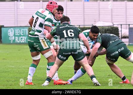 Treviso, Italia. 30 marzo 2024. Azioni del gioco e immagini dei giocatori durante la 13a giornata del CAMPIONATO DI RUGBY - UNITED RUGBY tra BENETTON RUGBY e CONNACHT allo Stadio Monigo, Italia 30, il Â marzo 2024 durante la partita Benetton Rugby vs Connacht Rugby, United Rugby Championship a Treviso, Italia, marzo 30 2024 credito: Agenzia fotografica indipendente/Alamy Live News Foto Stock