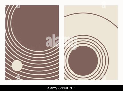 Forme geometriche astratte Zen. Arte moderna boho minimalista. Figure e linee semplici nei colori marrone e beige. Illustrazione Vettoriale