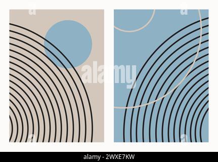 Forme geometriche astratte semplici. Arte moderna boho minimalista. Figure e linee semplici in stile Zen. Illustrazione Vettoriale