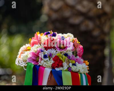 Cappello tipico e tradizionale con un gruppo musicale di colori verdiales proveniente dalle montagne di Malaga Foto Stock