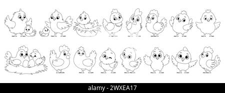 Ampia gamma di polli per famiglie in lineart. Polli, galline uova da cova. Madre gallina e pulcini. Galli grandi e piccoli. Pollo e gallo nel nido Illustrazione Vettoriale